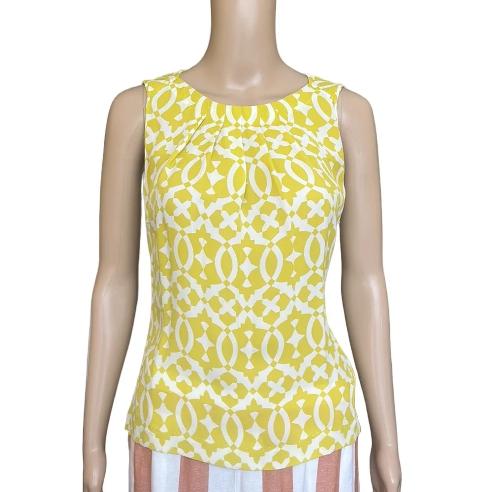 Tory Burch Signature Print Yellow Silk Sleeveless Blouse Size 4